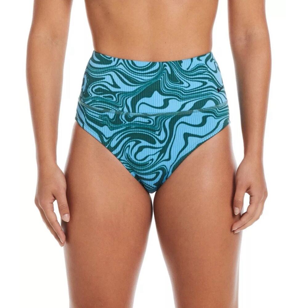 Nike High Rise Swim Bikini Bottom Swirl- Aquarius Blue Green Size Large New
